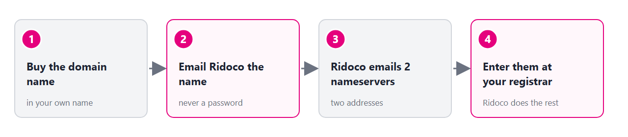 How it works in four steps: buy the domain, email Ridoco the name, Ridoco emails two nameservers, enter them at the registrar.