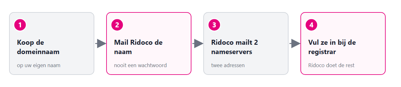 Zo werkt het in vier stappen: koop de domeinnaam, mail Ridoco de naam, Ridoco mailt twee nameservers, vul ze in bij de registrar.
