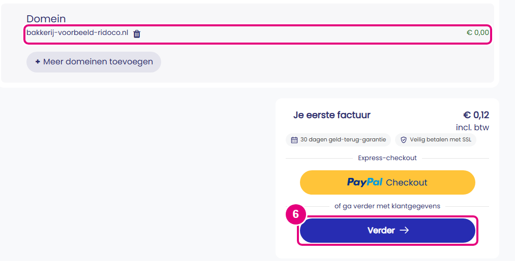 STRATO: uw winkelwagen met Domeinpakket .nl. Klik op Verder.